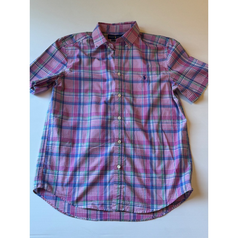 Ralph Lauren Boys XL 18-20 Pink Blue Plaid Short Sleeve Button Down Shirt